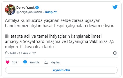 Aile ve Sosyal Hizmetler Bakanlığından Antalya'da selden etkilenenlere destek